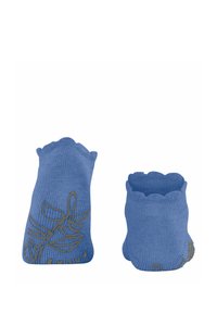 Chaussettes bleues jusqu'à la cheville avec un haut en forme de vagues, présentant un design en tricot texturé et un imprimé floral doré d'un côté.