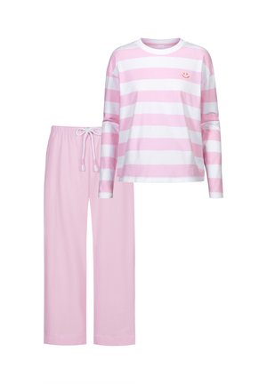 Valkoisilla ja vaaleanpunaisilla raidoilla varustettu pitkähihaisuus paita, jossa on hymyilevän kasvot -printti, yhdistettynä yhtenäisiin vaaleanpunaisiin nyöripöksyihin, jotka on valmistettu pehmeästä puuvillamateriaalista.