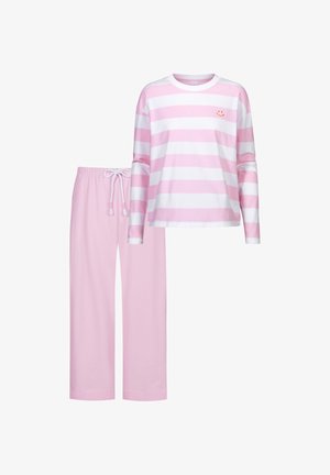 Maglia a maniche lunghe a righe rosa e bianche con stampa di faccina sorridente, abbinata a pantaloni rosa a coulisse in morbido cotone.