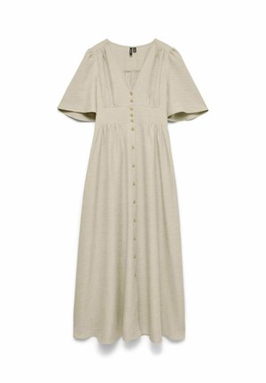 Vestido midi beige con mangas cortas de volante, escote en V, cintura ajustada y cierre delantero con botones. Tejido ligero y texturizado.