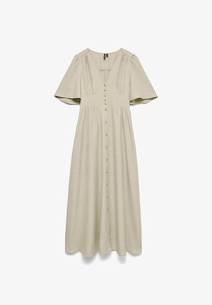 Beige midi-kjole med korte flagrende ærmer, V-hals, tætsiddende talje og knaplukning foran. Letvægts tekstureret stof.