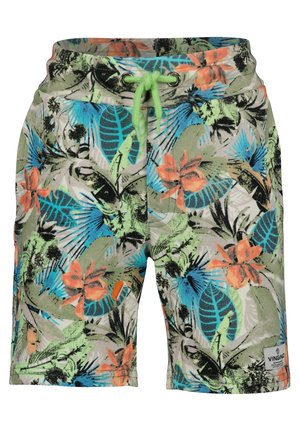Krótkie spodenki w wielokolorowy tropikalny wzór z zielonymi, niebieskimi i pomarańczowymi motywami kwiatowymi. Posiadają ściągacz w talii i boczne kieszenie.