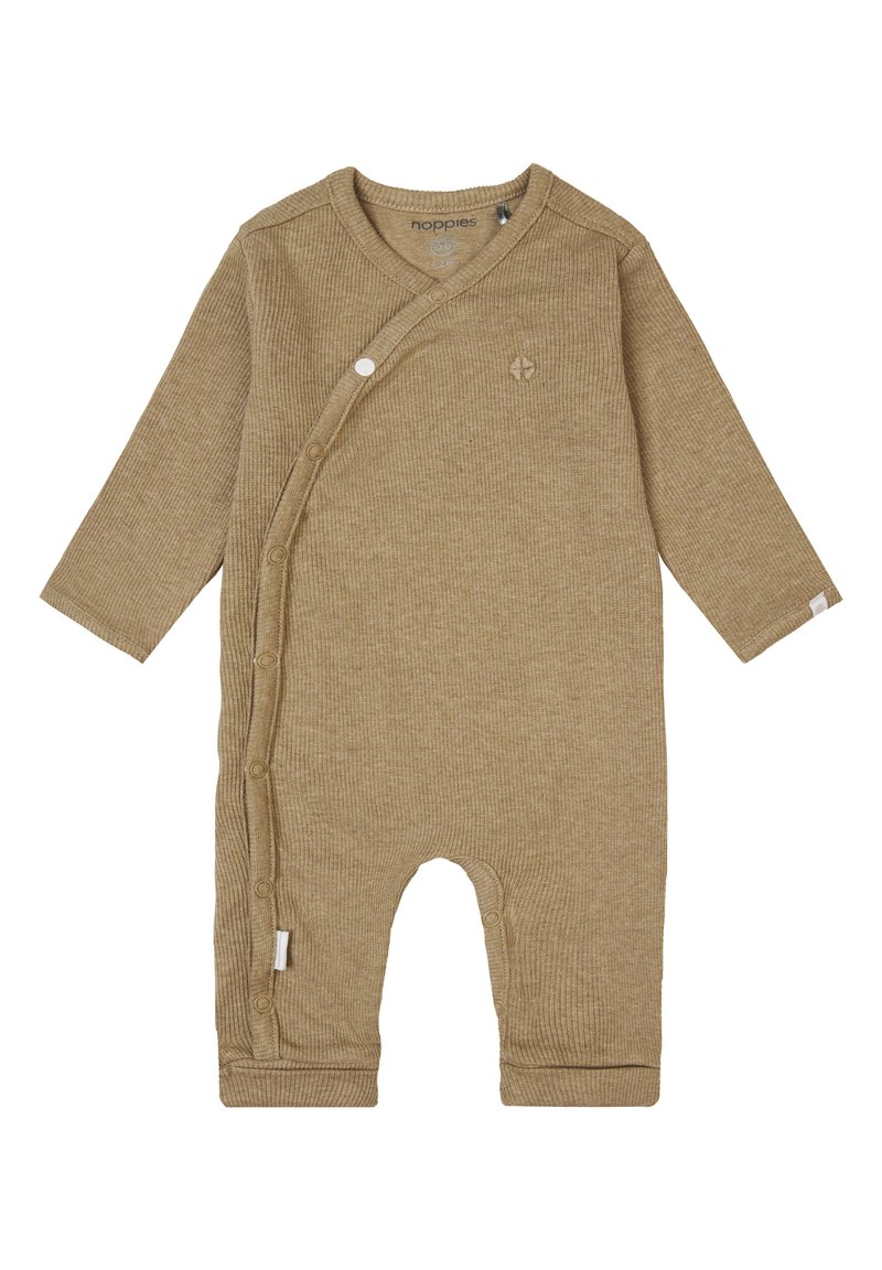 Brun, randig babybody med långa ärmar, sidostängning och rundad halsringning. Har en liten logotyp på bröstet och mudd vid anklarna.