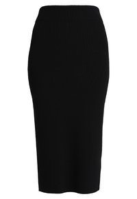 Jupe midi noire à côtelures avec une taille haute. Fabriquée en tissu extensible, elle présente une silhouette ajustée et une texture lisse sans embellissements.