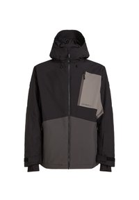 Chaqueta de esquí negra y gris con capucha, que presenta un bolsillo en el pecho con cremallera, puños ajustables y un diseño a bloques de color.