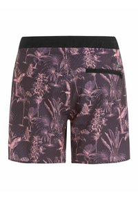 Schwarze Badeshorts mit einem dunklen Hintergrund und pinkem tropischem Blattmuster. Enthält eine Reißverschlusstasche auf der Rückseite.