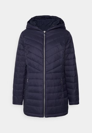 Veste matelassée à capuche bleu marine avec fermeture éclair à l'avant et deux poches latérales zippées, conçue pour les temps froids.