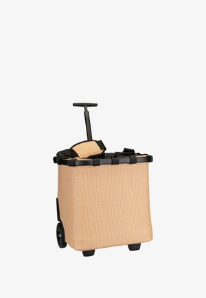 Wagen mit Rädern aus beigefarbenem, strukturiertem Stoff, schwarzem Kunststoffrahmen, ausziehbarem Griff und zwei vorderen Rädern für Mobilität.