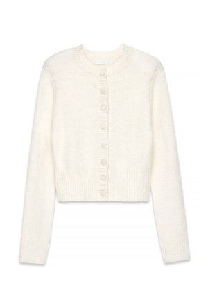 Cárdigan blanco corto hecho de un tejido de punto suave. Presenta un escote redondo, mangas largas y seis botones a juego en la parte delantera.