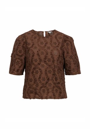 Blouse marron à manches courtes avec broderies florales et motifs texturés, dotée d'un dos goutte fermé par un bouton.