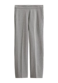 Graue Sweatpants aus weichem Material mit geradem Beindesign, elastischem Bund und zwei seitlichen Taschen. Keine sichtbaren Muster oder Beschläge.