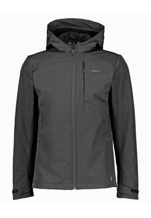 Black softshell jacket with a hood, featuring a full zipper, zippered chest pocket, and adjustable cuffs. Smooth texture, minimalist design.