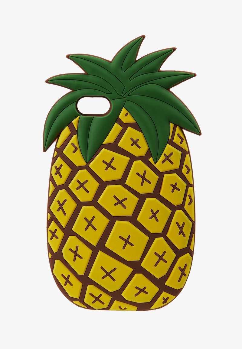 Yellow pineapple-shaped phone case with a green textured top. Features a hexagonal pattern and brown accents. Cutout for camera access.