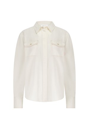 Lichtbeige langarmshirt met een knoopsluiting aan de voorkant, twee borstzakken en een klassieke kraag. Zachte stof met subtiele textuurdetails.