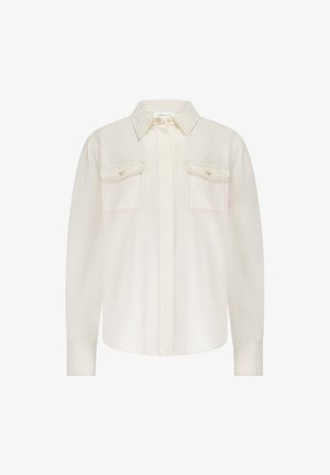 Lichtbeige langarmshirt met een knoopsluiting aan de voorkant, twee borstzakken en een klassieke kraag. Zachte stof met subtiele textuurdetails.