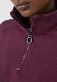 Pullover bordeaux con colletto alto a zip, caratterizzato da una cerniera in plastica con un tirante in metallo e una finitura in tessuto morbido e testurizzato.