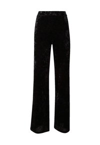 Pantalons large en velours noir avec une texture lisse, dotés d'une taille haute et sans quincaillerie ni motifs visibles.