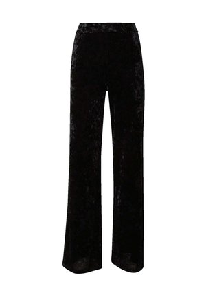 Zwarte fluwelen wijde broek met een gladde textuur, met een hoge taille en zonder zichtbare hardware of patronen.