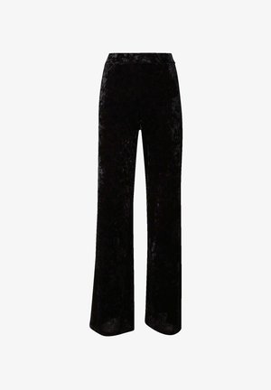 Black velvet wide-leg pants with a smooth texture, featuring a high waist and no visible hardware or patterns.
