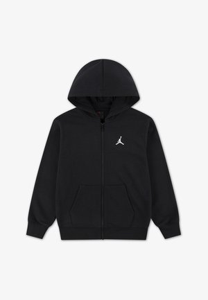 Czarna bluza z kapturem na suwak wykonana z miękkiego materiału, z kieszenią kangurzą i białym logo Jumpman na piersi.