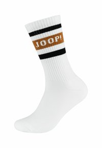Hvide bomuldsstrømper med ribbet design. Sorte striber øverst og et brunt bånd med "JOOP!" i kontrastfarve.