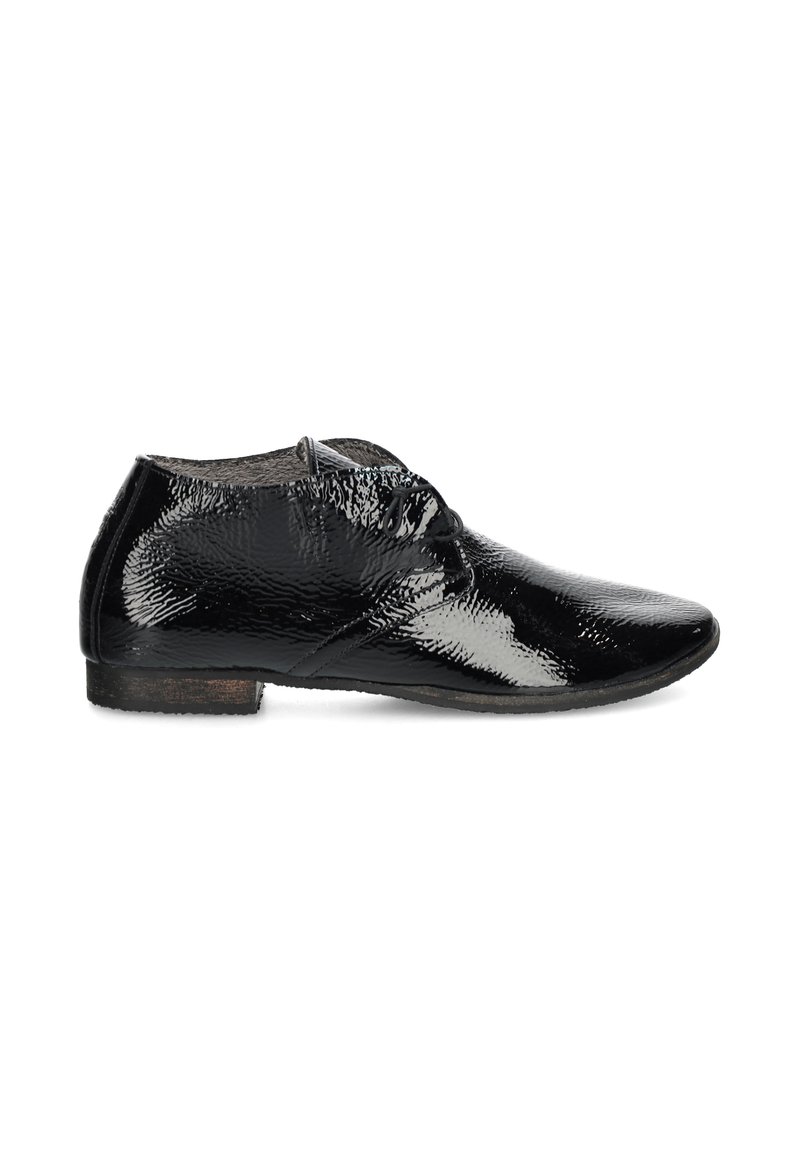 Black patent leather shoes with a glossy finish, featuring a low heel, rounded toe, and lace-up design. Textured surface with subtle shine.