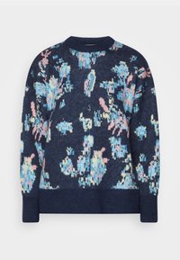 Granatowy sweter z kwiatowym wzorem w jasnoniebieskim, różowym i żółtym kolorze, wykonany z miękkiego dzianiny, z okrągłym dekoltem i długimi rękawami.