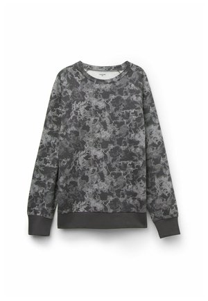 Langärmliges Rundhals-Sweatshirt mit einem abstrakten Camouflage-Muster in Dunkelgrau und Hellgrau, gerippten Bündchen und Saum.