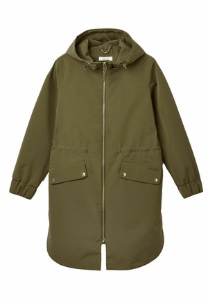 Olive green hooded jacket with a front zipper, two flap pockets, elastic cuffs, and a tapered hem. Made of smooth, waterproof material.