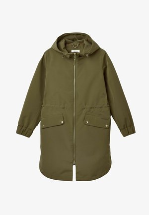 Olive green hooded jacket with a front zipper, two flap pockets, elastic cuffs, and a tapered hem. Made of smooth, waterproof material.