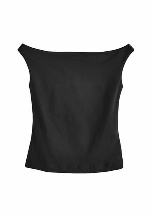 Haut noir à épaules nues en tissu lisse. Silhouette ajustée avec un large décolleté et un ourlet droit. Pas de coutures visibles ni d'embellissements.