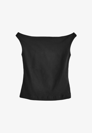 Mustat olkaimeton paita, joka on valmistettu sileästä kankaasta. Tiukka siluetti leveällä kaula-aukolla ja suoralla helman. Ei näkyviä saumoja tai koristeita.