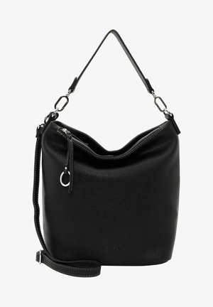 Black leather handbag with a round shape, zip closure, and detachable shoulder strap. Features a textured surface and silver hardware accents.
