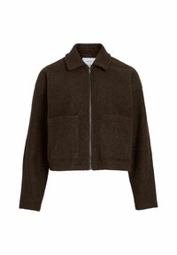 Veste écourtée marron en tissu texturé, fermeture éclair à l'avant et deux poches plaquées. Dispose d'un col classique et d'une coupe décontractée.