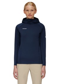 Marineblaues Langarm-Hoodie mit hohem Kragen und verstellbarem Kapuze. Mit dem "Mammut"-Logo auf der Brust, glatter Textur und sportlicher Passform.