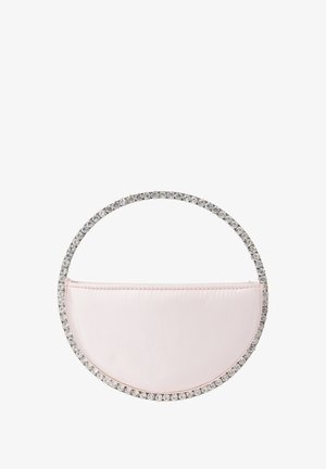 Borsa a mezzaluna in satin rosa con manico circolare in paillettes argentate, caratterizzata da una superficie liscia e priva di ulteriori decorazioni.