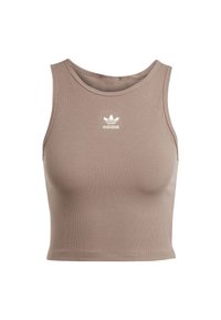 Brązowy prążkowany podkoszulek na ramiączkach z okrągłym dekoltem, z białym logo Adidasa na klatce piersiowej. Wykonany z elastycznego materiału o dopasowanym kroju.