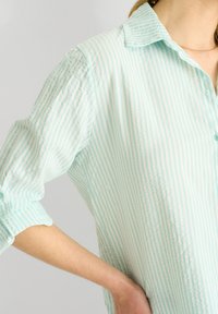 Camicia a righe verde chiaro e bianca con colletto, bottoni frontali e maniche arrotolate, realizzata in un morbido e leggero tessuto.