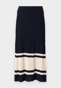 Jupe midi en tricot bleu marine avec des rayures horizontales crème et bleu foncé ; présente une texture côtelée et une taille ajustée.