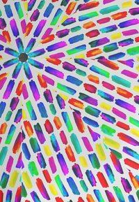 Colorful umbrella featuring a splash pattern in vibrant red, blue, green, and yellow brush strokes on a white background, with a round black handle.