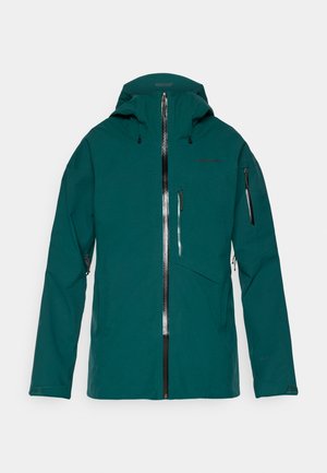 Tirkīzzila ūdensizturīga jaka ar kapuci, priekšējām un piedurkņu ūdensizturīgām rāvējslēdzēm, krūšu kabatu un regulējamiem aproču galiem, paredzēta āra aktivitātēm.