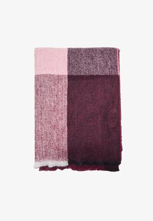 Sciarpa checkered in tonalità di rosa, borgogna e rosso scuro. Texture morbida con bordi frangiati. Il materiale sembra caldo e accogliente.