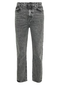 Jeans de mezclilla negra con un acabado desgastado, corte recto, diseño de cinco bolsillos y costuras en contraste a lo largo de las costuras.