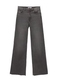 Jean gris à jambes larges avec taille haute, poches avant, fermeture à boutons et bords d'ourlet bruts.