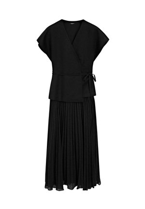 Black wrap dress with a textured, pleated skirt and short sleeves. Features a tie at the waist for adjustable fit. Smooth fabric.