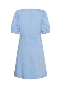 Robe ligne A bleu clair avec manches courtes bouffantes et détails froncés, vue de dos sur fond blanc.