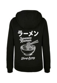 Sort hættetrøje med hvid grafiktekst på japansk og engelsk, der viser en skål ramen med nudler og spisepinde, mærket "Slurp Away."