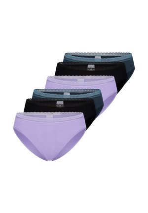 Set aus sechs Damen-Baumwollslips in abwechselnden Lilac-, Schwarz- und Dunkelpetrolfarben mit Spitzenbesatz am Bund.