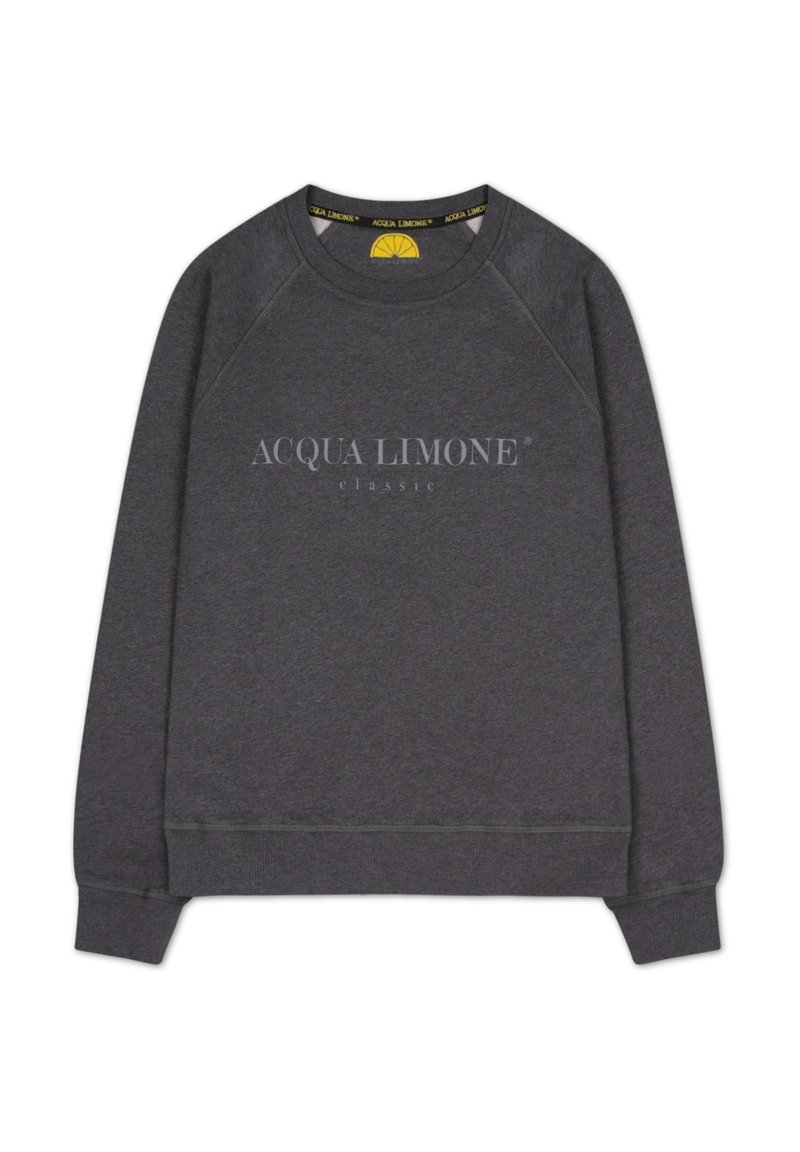 Grå sweatshirt med rund hals, raglanärmar och "ACQUA LIMONE classic"-logotyp i vitt på framsidan. Mjuk textur, ribbade muddar.