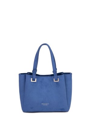 Sac à main en daim bleu avec doubles anses, ferrures argentées et petit logo « Diana & Co Firenze » centré à l’avant.
